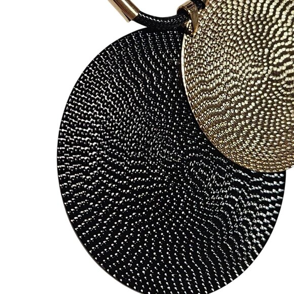 Bold Black Gold Textured Double Disc Pendant Necklace Statement Fashion Jewelry - Picture 3 of 6